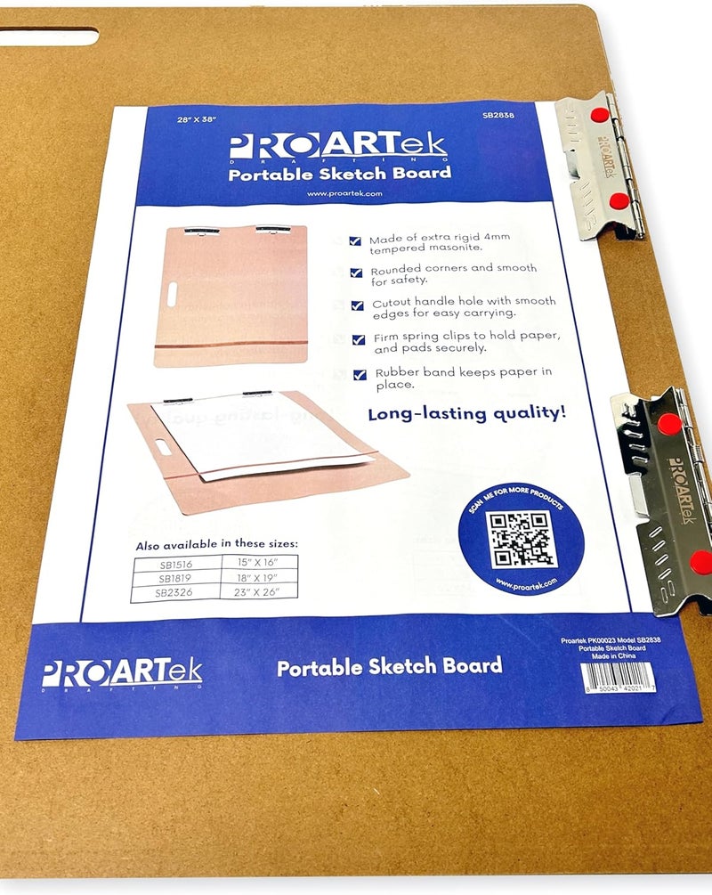 Proartek PK00023 Model SB2838 SB Series 28" x 38" Artist Sketch Board, Brown; 4mm Tempered Masonite; Cutout Handle; Steadfast Spring Clips; for Students and Professional Artists - Image 3
